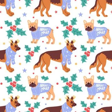Seamless Dog Pattern in Christmas Sweaters and Scarves, Holly. Shepherd Dog and Stock Illustration