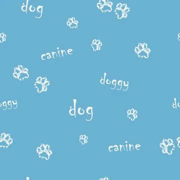 Seamless dog pattern with paws and lettering. Stock Illustration
