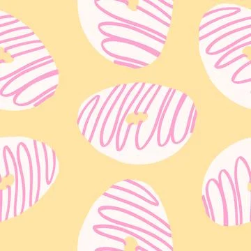 Seamless donuts pattern with pink cream and white glaze base in cartoon fla.. Stock Illustration