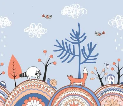 Seamless doodle autumn border. Vector hand drawn background Stock Illustration