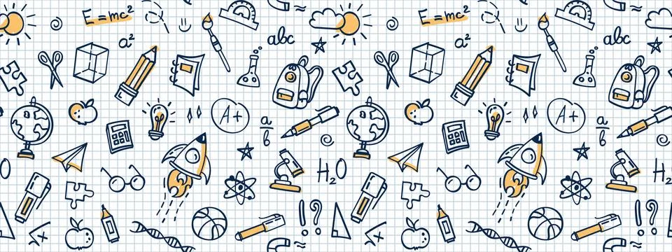 Seamless doodle back to school pattern, vector background Stock Illustration