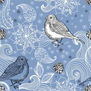 Seamless doodle background bird and floral elements Stock Illustration