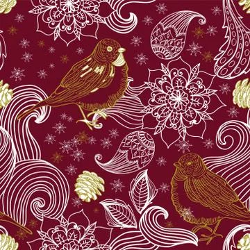 Seamless doodle background bird and floral elements Stock Illustration