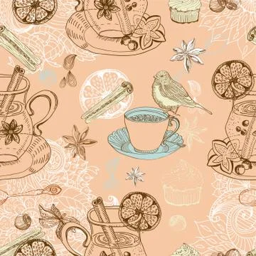 Seamless doodle background with mulled warm wine Stock Illustration