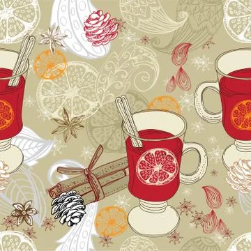 Seamless doodle background with mulled warm wine Stock Illustration