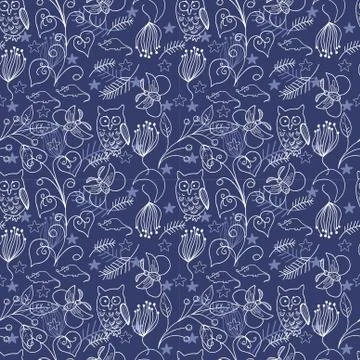 Seamless doodle background with owl Stock Illustration
