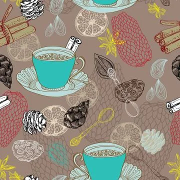 Seamless doodle background with tea Stock Illustration