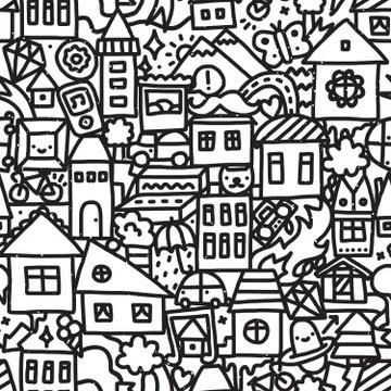 Seamless doodle city vector pattern Stock Illustration