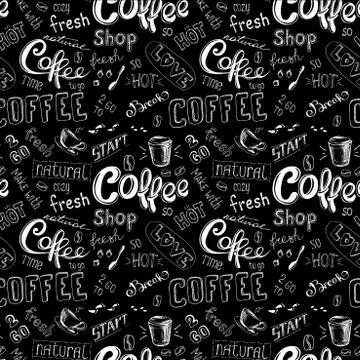 Seamless doodle coffee pattern on black background Stock Illustration