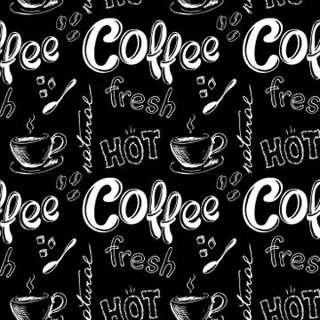 Seamless doodle coffee pattern on black background Stock Illustration