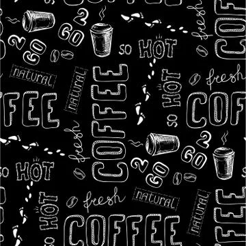 Seamless doodle coffee pattern on black background Stock Illustration