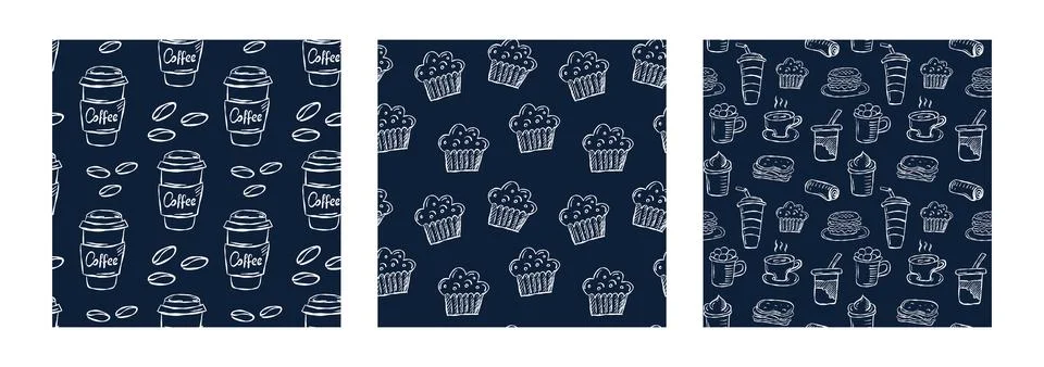 Seamless doodle coffee pattern in black and white Stock-Illustration