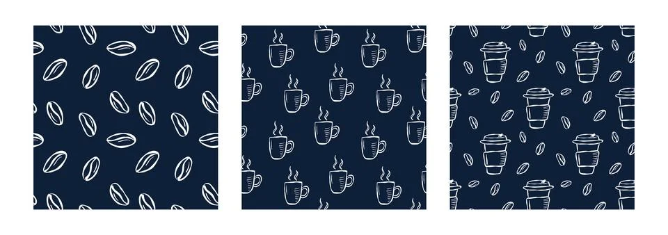 Seamless doodle coffee pattern with cups and beans 스톡 일러스트