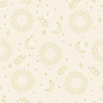 Seamless doodle cosmic space pattern with heavenly elements on a beige Stock Illustration