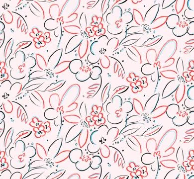 Seamless doodle floral botanical pattern with light pink background. Stock Illustration