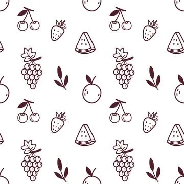 Seamless Doodle Fruit Pattern with Berries, Grapes, Orange and Watermelon Stock Illustration