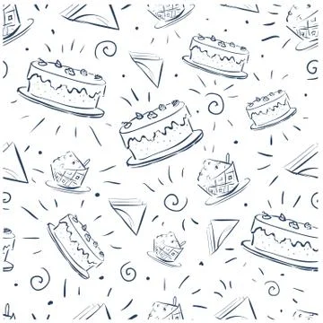 Seamless doodle holiday pattern cake and different elements of dish Stock Illustration