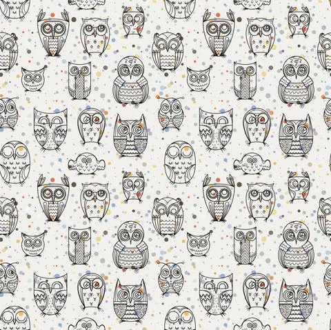 Seamless doodle owl pattern. Cute print for kids, scrap and other Stock Illustration