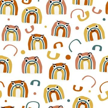 Seamless doodle pattern background with hand draw rainbow charactor with smil Stock Illustration