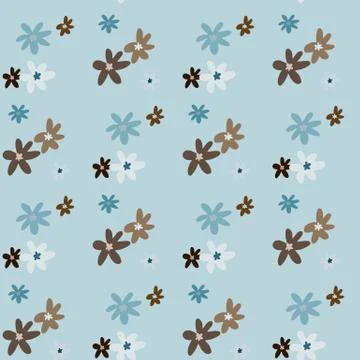 Seamless doodle pattern with brown flower ornament on blue background. Simple イラスト素材