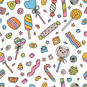Seamless doodle pattern with candies, sweets and lollipops. Hand drawn back.. Stock Illustration