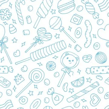 Seamless doodle pattern with candies, sweets and lollipops. Hand drawn back.. Stock Illustration