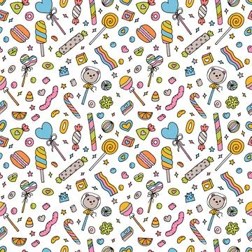 Seamless doodle pattern with candies, sweets and lollipops. Hand drawn back.. Stock Illustration