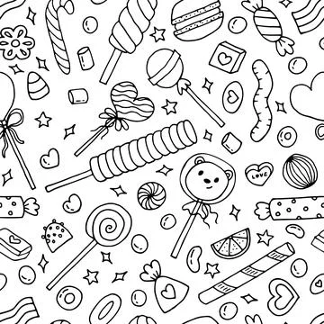 Seamless doodle pattern with candies, sweets and lollipops. Hand drawn back.. Stock Illustration