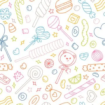Seamless doodle pattern with candies, sweets and lollipops. Hand drawn back.. Stock Illustration