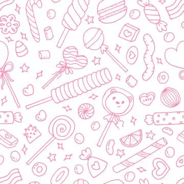 Seamless doodle pattern with candies, sweets and lollipops. Hand drawn back.. Stock Illustration