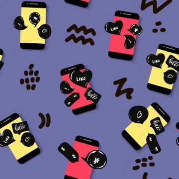 Seamless doodle pattern. cellphone with love message. telephone, social media Stock Illustration