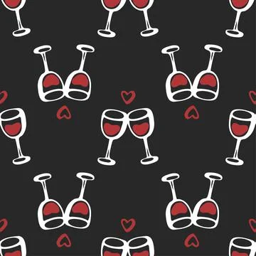 Seamless doodle pattern with couple of cheers wine glass isolated on dark black Illustrazione stock