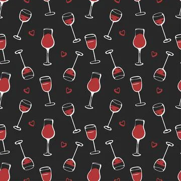 Seamless doodle pattern with couple of cheers wine glass isolated on dark black Ilustração Stock