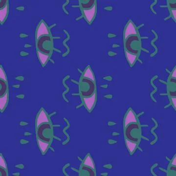 Seamless doodle pattern with cry eyes ornament. Indigo blue background and pu Stock Illustration
