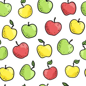 Seamless doodle pattern with cute doodle green, red, yellow apples with bla.. Stock Illustration