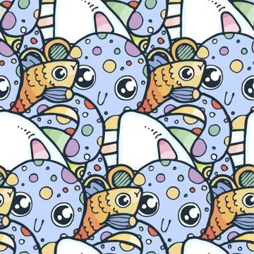 Seamless doodle pattern with cute ocean elements Stock Illustration