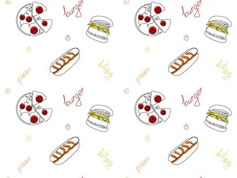 Seamless doodle pattern of fast food, pizza,hot dog, hamburger. continuous .. Stock Illustration