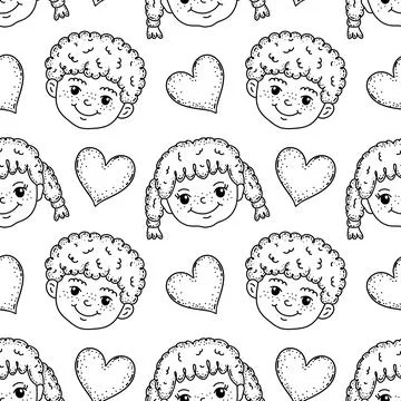 Seamless  doodle pattern featuring cute kids faces with hearts on white bac.. Stock Illustration