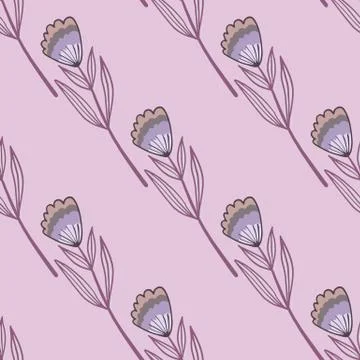 Seamless doodle pattern with folk flower simple shapes. Light purple tone bot Illustrazione stock