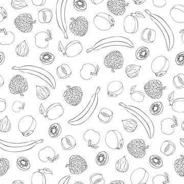 Seamless doodle pattern with fruits bananas, apples, apricot, plums and fig . Illustrazione stock