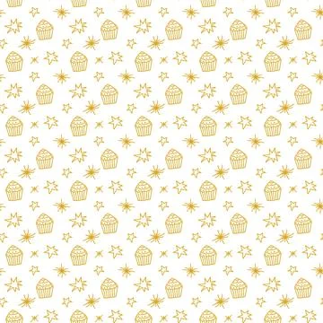 Seamless doodle pattern with gold cupcake and stars. Cute cartoon background  Stock Illustration