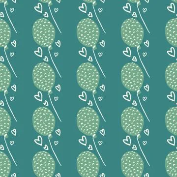 Seamless doodle pattern with green balloons with dashes. Heart outline detail Illustrazione stock