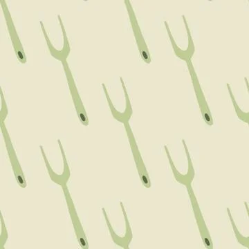 Seamless doodle pattern with green pale grill fork elements. Light pastel bac Illustrazione stock