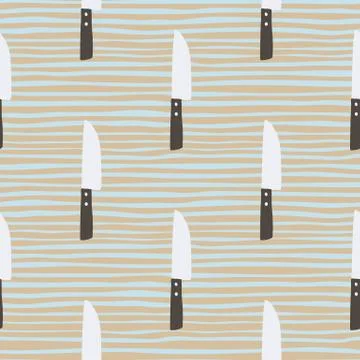 Seamless doodle pattern with knife grey elements. Stripped background. Creati Stock Illustration