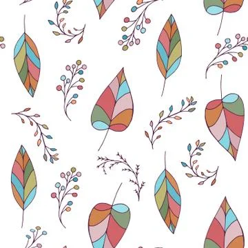 Seamless doodle pattern with leaves and berries Stock Illustration