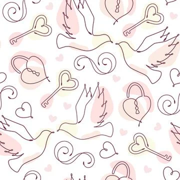 Seamless doodle pattern with linear romantic symbols Illustrazione stock