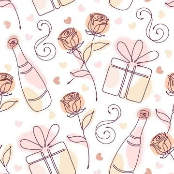 Seamless doodle pattern with linear romantic symbols Stock Illustration