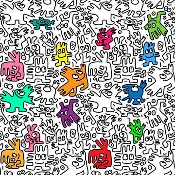 Seamless doodle pattern with little cute color monsters Stock Illustration
