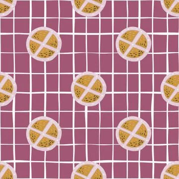 Seamless doodle pattern with orange and grey colored shield ornament. Purple  Stock Illustration