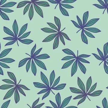 Seamless doodle pattern with outlined sheet print. Cannabis leaves in green a Stock Illustration